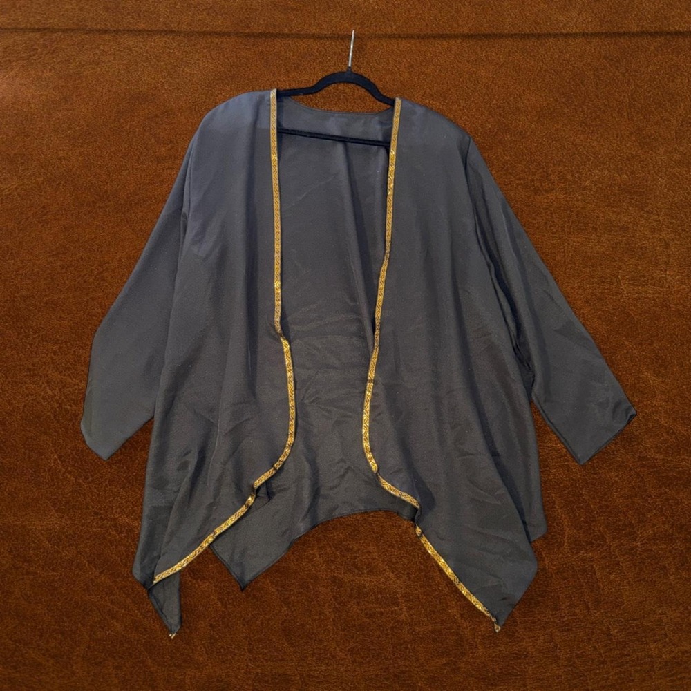 Vintage Black Sheer Kimono Cover-Up | Gold Trim | Shoulder Pads